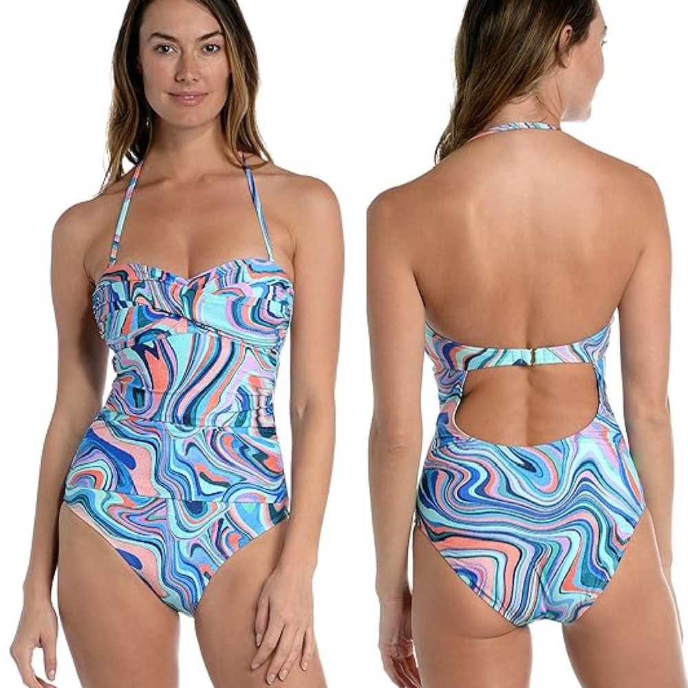 La Blanca Psychedelic Swirl One Piece Swimsuit Blue Pink Halter Cutout Back 8